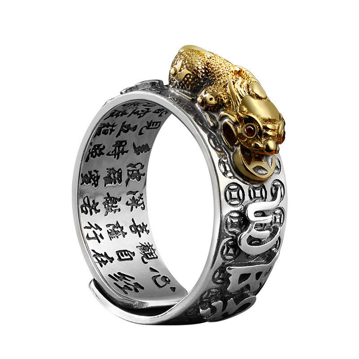 Buddha Stones Tibetan 990 Sterling Silver Om Mani Padme Hum PiXiu Dorje Vajra Heart Sutra Engraved Wealth Ring - image 4