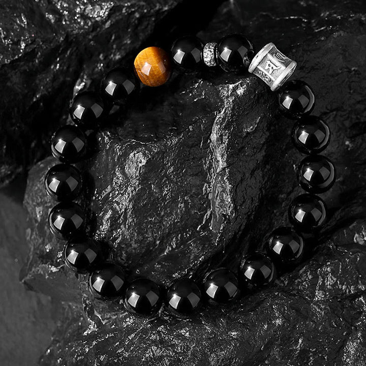 Buddha Stones 999 Sterling Silver Black Obsidian Tiger Eye Om Mani Padme Hum Fulfillment Bracelet - image 2