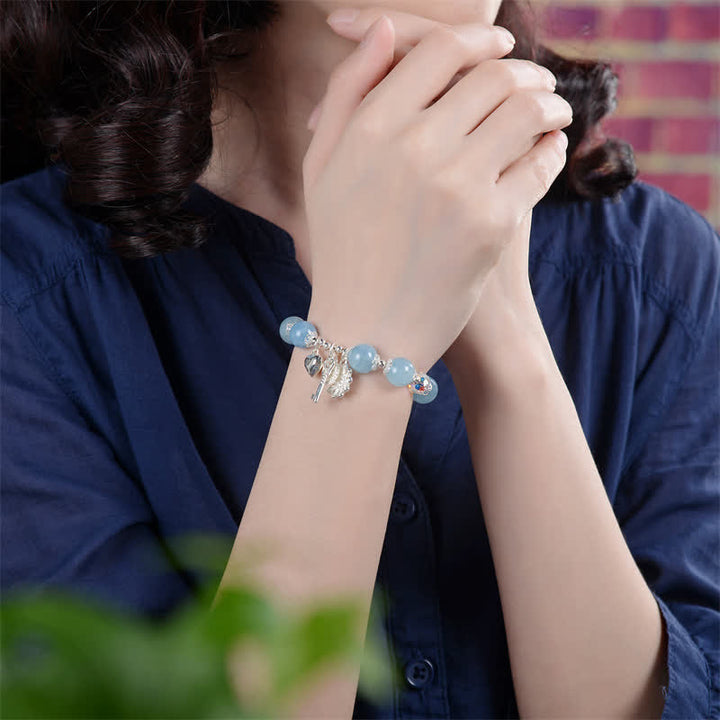 925 Sterling Silver Natural Aquamarine Serenity Flower Love Key Charm Bracelet - image 2