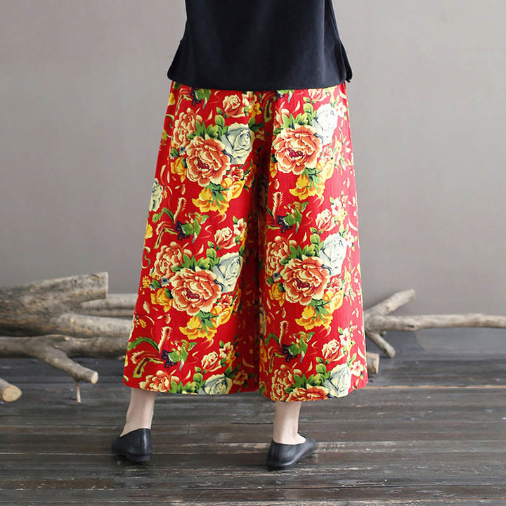 Buddha Stones Red Peony Flowers Cotton Linen Wide Leg Pants With Pockets