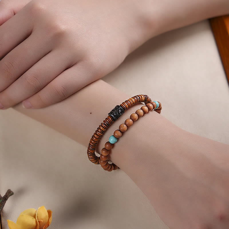 Buddha Stones Sandalwood Small Leaf Red Sandalwood Turquoise Protection Double Wrap Bracelet