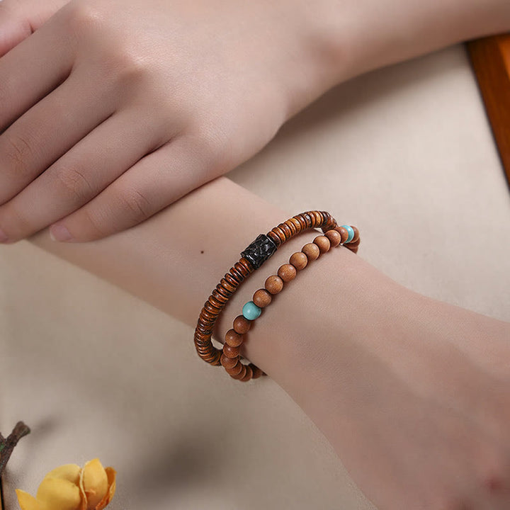 Buddha Stones Sandalwood Small Leaf Red Sandalwood Turquoise Protection Double Wrap Bracelet