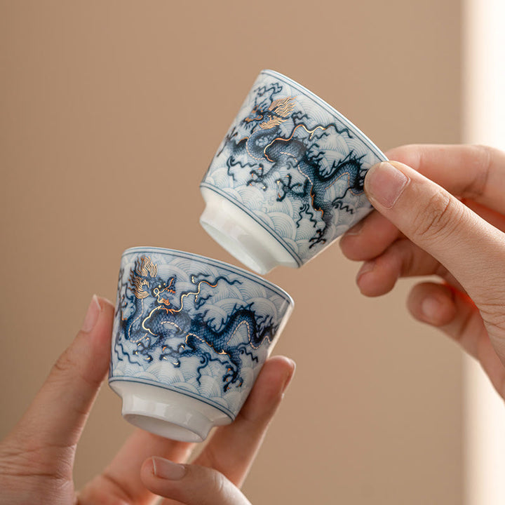 Buddha Stones Small Blue And White Dragon Pattern Ceramic Teacup Kung Fu Tea Cups 45ml