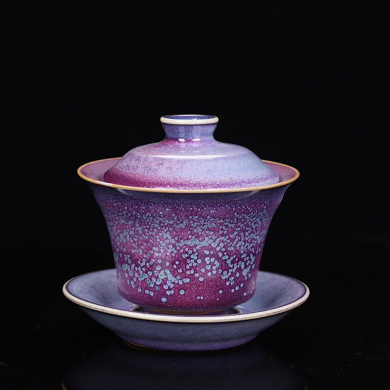 Buddha Stones Retro Glaze Kiln Change Ceramic Gaiwan Sancai Teacup Kung Fu Tea Cup And Saucer With Lid - Purple STYLE (COLOR & GLAZE MAY VARY) - 9.8cm*9cm*150ml - image 2