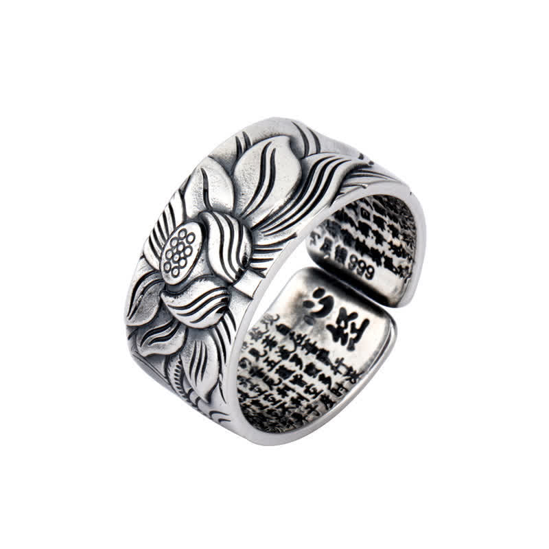 999 Sterling Silver Lotus Symbol Heart Sutra Protection Ring - image 9