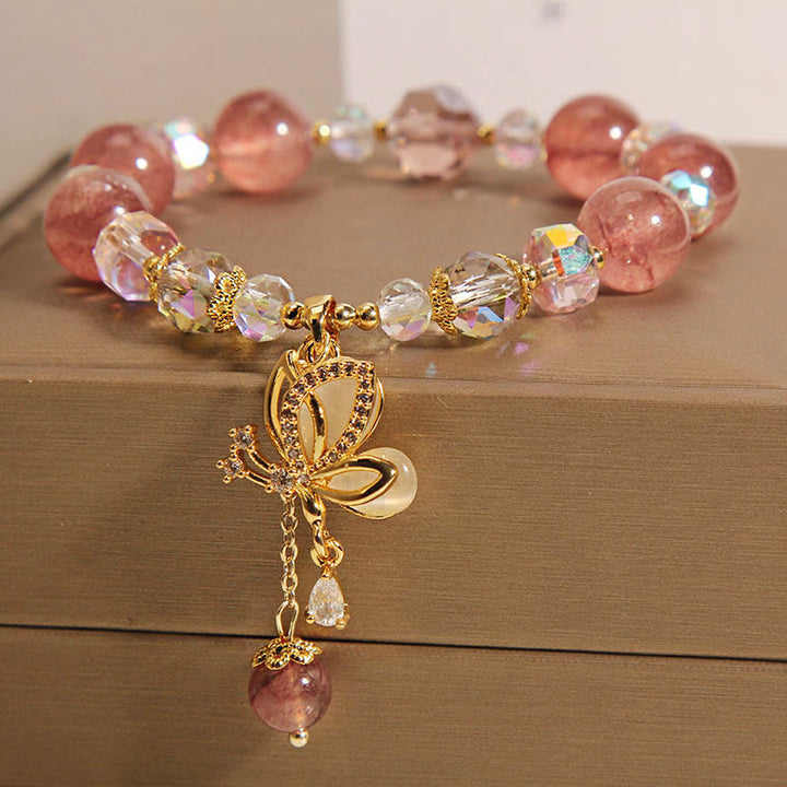 Buddha Stones Natural Strawberry Quartz Healing Positive Butterfly Charm Bracelet