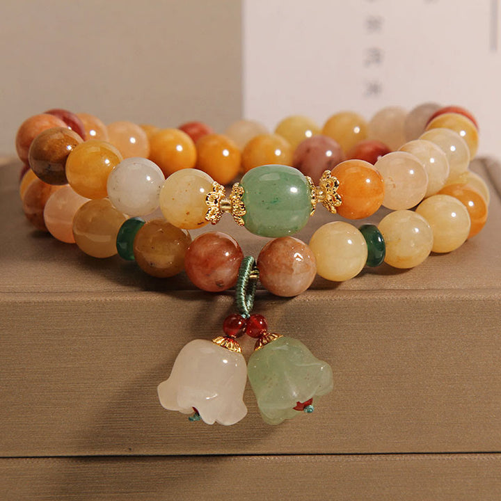 Buddha Stones Tibet Natural Golden Silk Jade Double Layer Bell Orchid Luck Bracelet