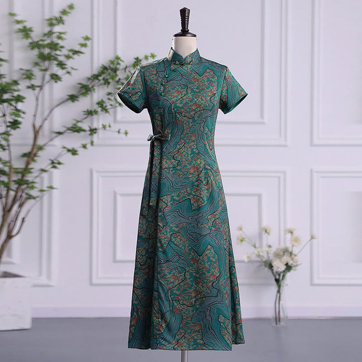 Buddha Stones Vintage Auspicious Clouds Leaf Print Cheongsam Dress Women's Qipao Dress