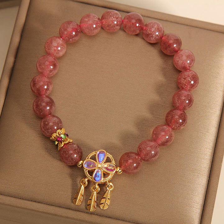 Buddha Stones Natural Strawberry Quartz Four Leaf Clover Dreamcatcher Charm Love Bracelet