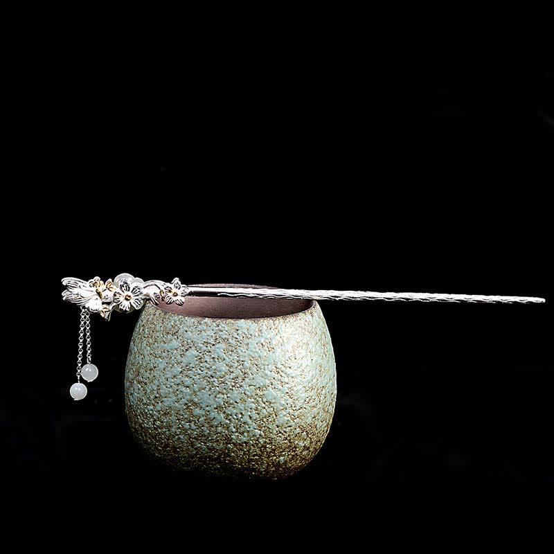 925 Sterling Silver Hetian White Jade Flower Blessing Hairpin - image 16