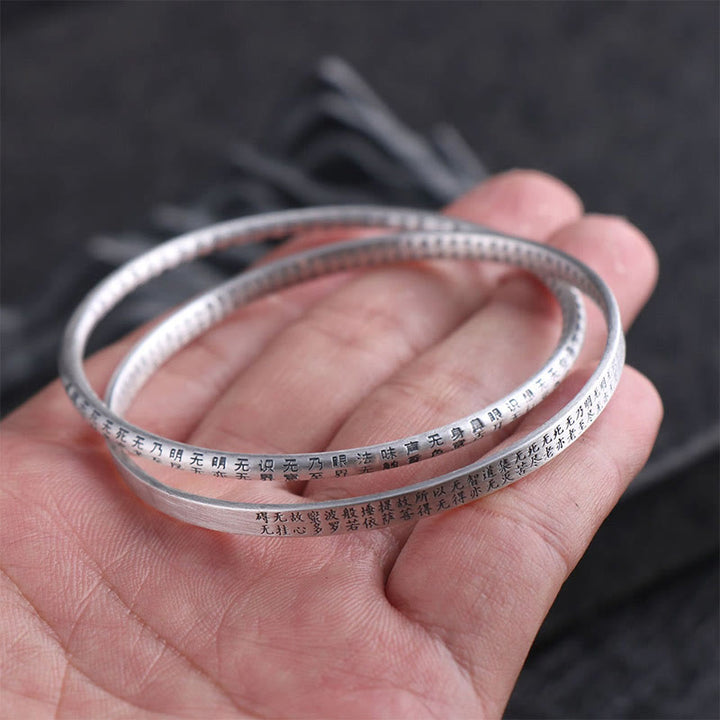 Buddha Stones 999 Sterling Silver Heart Sutra Carved Protection Bracelet Bangle - image 7