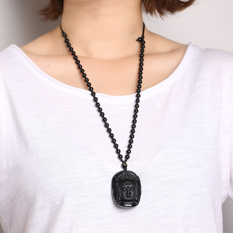Buddha Stones Natural Black Obsidian Kwan Yin Avalokitesvara Strength String Necklace Pendant - image 3