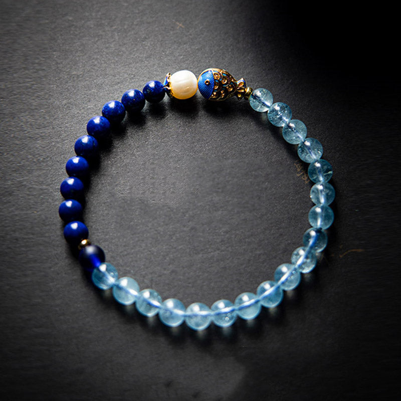Buddha Stones Natural Aquamarine Lazurite Lapis Lazuli Fish Healing Bracelet - image 2