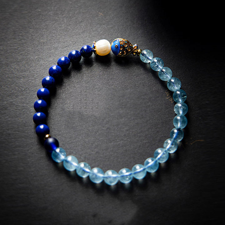 Buddha Stones Natural Aquamarine Lazurite Lapis Lazuli Fish Healing Bracelet - image 2