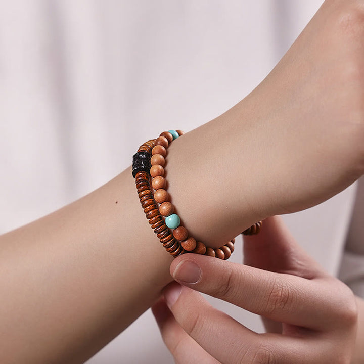 Buddha Stones Sandalwood Small Leaf Red Sandalwood Turquoise Protection Double Wrap Bracelet