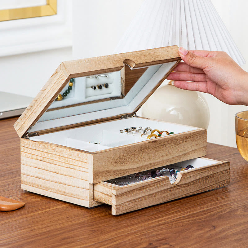 Buddha Stones Retro Beige Wooden Jewelry Box Two-Layer Jewelry Storage Box With Mirror - image 6