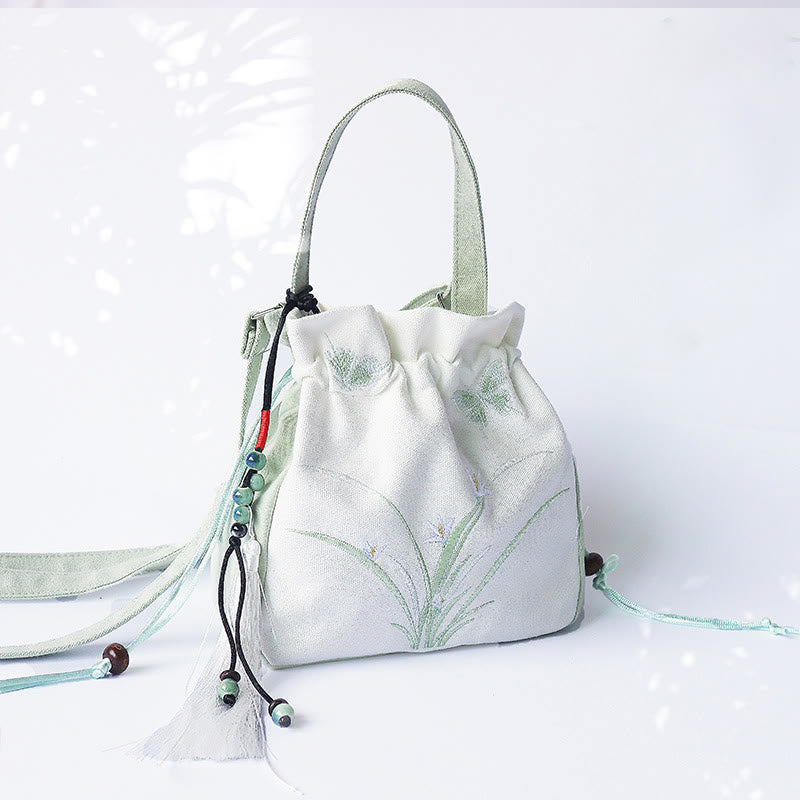 Buddha Stones Handmade Embroidered Flowers Canvas Tote Shoulder Bag Handbag - Green White Grass 20*20cm - image 0