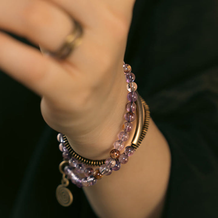 Buddha Stones Purple Phantom Red Hematoid Quartz Green Rutilated Quartz Copper Love Forgive Bracelet - image 9