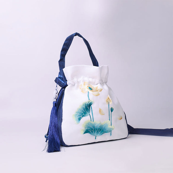 Buddha Stones Suzhou Embroidery Rabbit Lotus Epiphyllum Peony Magnolia Silk Tote Crossbody Bag Shoulder Bag Handbag