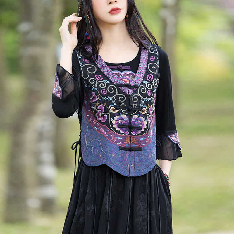 Buddha Stones Vintage Frog-Button Embroidery Purple Flower Tang Suit Design Sleeveless Vest