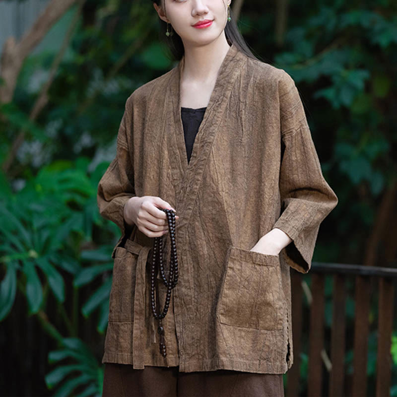 Buddha Stones Hanfu Design Three Quarter Sleeve Ramie Linen Coat Open Front Top Jacket