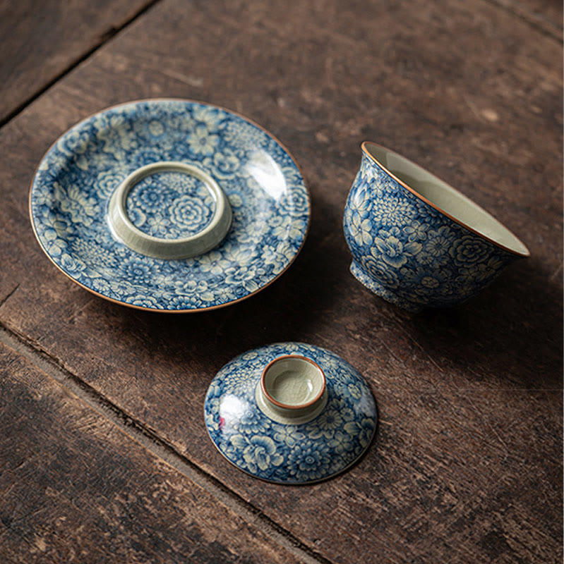 Buddha Stones Vintage Blue And White Porcelain Peach Blossom Lotus Peony Ceramic Gaiwan Sancai Teacup Kung Fu Tea Cup And Saucer With Lid - image 3