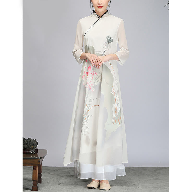 Buddha Stones Lotus Flower Pod Chiffon Cheongsam Midi Dress Meditation Zen Practice Clothing