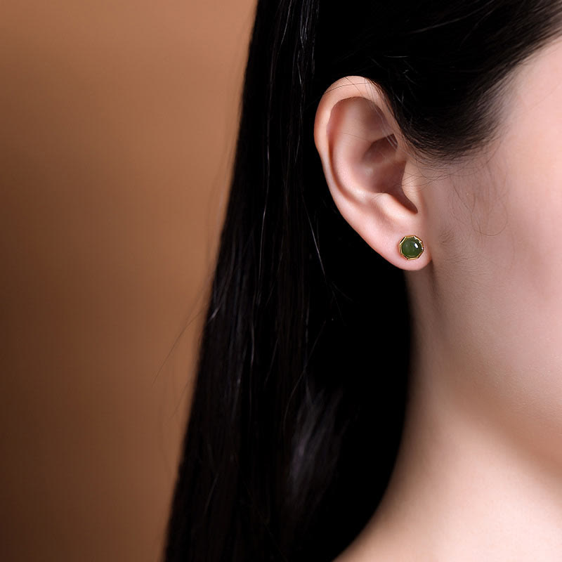 Buddha Stones 925 Sterling Silver Plated Gold Natural Hetian Cyan Jade Bead Luck Stud Earrings - image 5