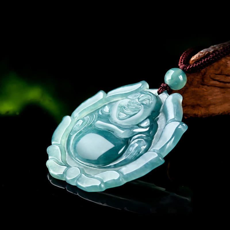Buddha Stones Natural Jade Laughing Buddha Lotus Pattern Luck Necklace Pendant - image 6