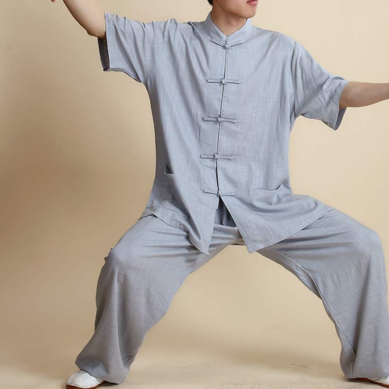 Buddha Stones Meditation Zen Prayer Spiritual Tai Chi Qigong Practice Unisex Embroidery Clothing Set - Short Sleeve Gray - US14，UK/AU18，EU46 (3XL) - image 31