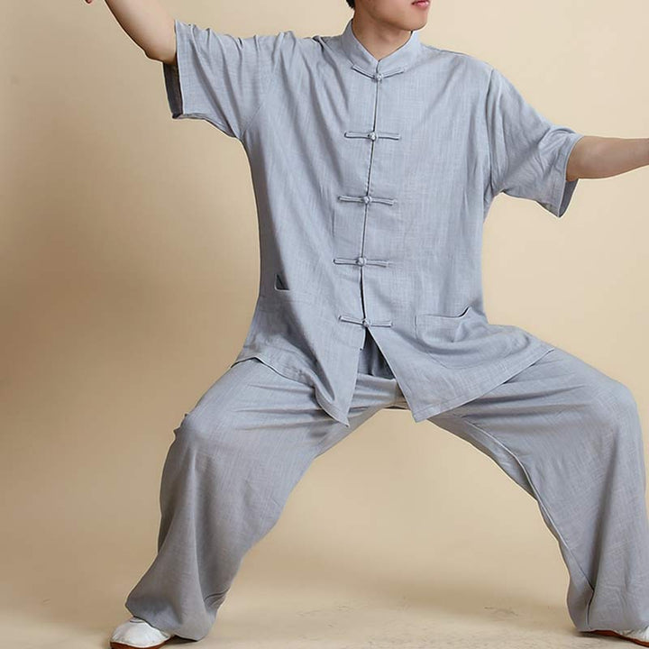 Buddha Stones Meditation Zen Prayer Spiritual Tai Chi Qigong Practice Unisex Embroidery Clothing Set - Short Sleeve Gray - US14，UK/AU18，EU46 (3XL) - image 31