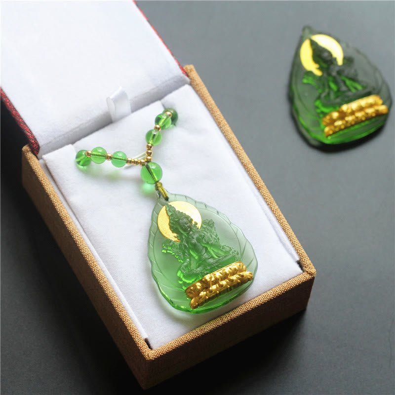 Buddha Stones Tibetan Green Tara Buddha Gold Plated Liuli Crystal Protection Necklace Pendant - image 6