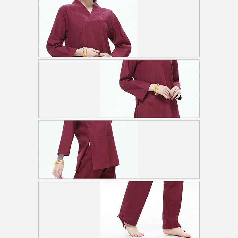 Buddha Stones Zen Practice Yoga Meditation Prayer V-neck Design Uniform Cotton Linen Clothing Women's Set - image 5