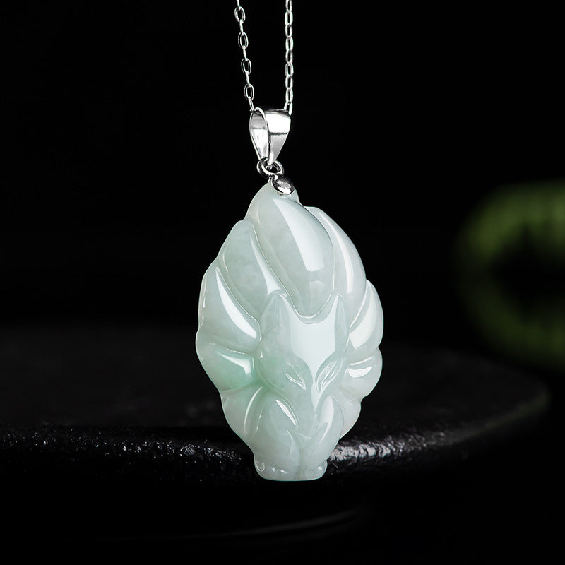 Buddha Stones Natural Jade Nine Tailed Fox Prosperity Titanium Steel Chain Necklace Pendant - image 1