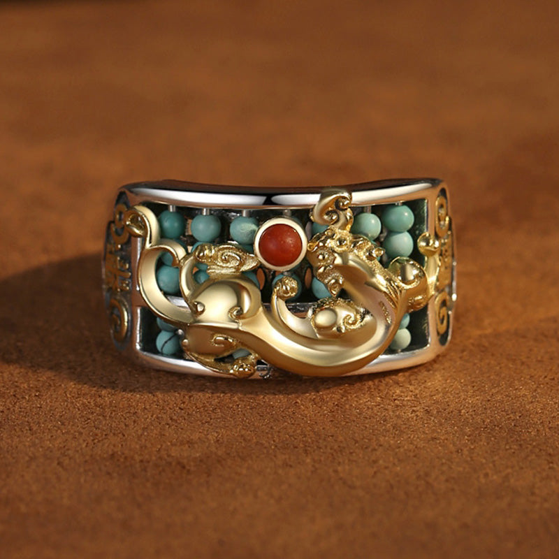 925 Sterling Silver Turquoise Red Agate PiXiu Abacus Protection Ring - Turquoise (Purification ♥ Protection) - image 0