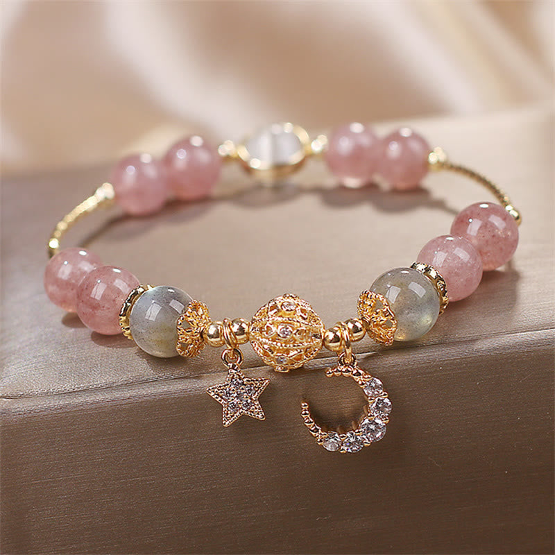 Buddha Stones Strawberry Quartz Moonstone Moon Star Love Bracelet - image 4