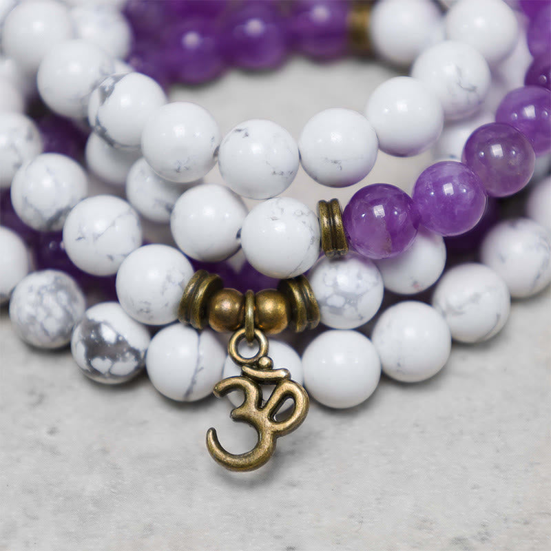 108 Mala Beads Amethyst White Turquoise OM Healing Meditation Energy Bracelet - image 2
