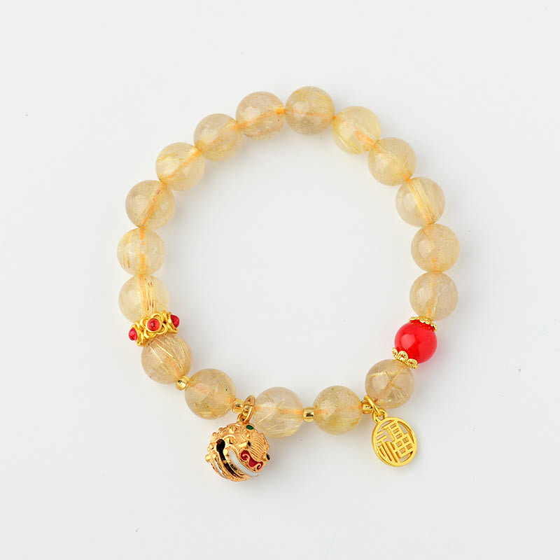 Buddha Stones Natural Golden Rutilated Quartz Fu Character Charm Bell Wealth Bracelet