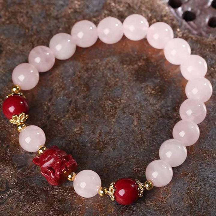 Buddha Stones Natural Pink Crystal Cinnabar Nine Tailed Fox Love Bracelet