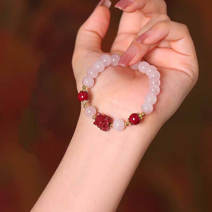 Buddha Stones Natural Pink Crystal Cinnabar Nine Tailed Fox Love Bracelet