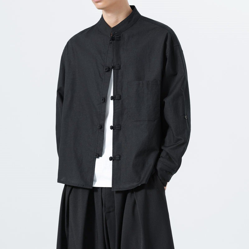 Buddha Stones Spring Fall Tang Style Minimalist Frog Button Mandarin Collar Solid Men's Long Sleeve Shirts With Pocket - image 8