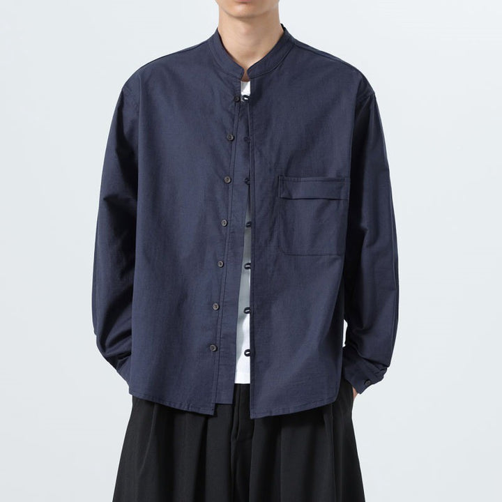 Buddha Stones Fall Minimalist Tang Style Mandarin Collar Patch Pocket Solid Men's Long Sleeve Shirts With Pocket - MidnightBlue - US/UK/AU46，EU56 (5XL) - image 12