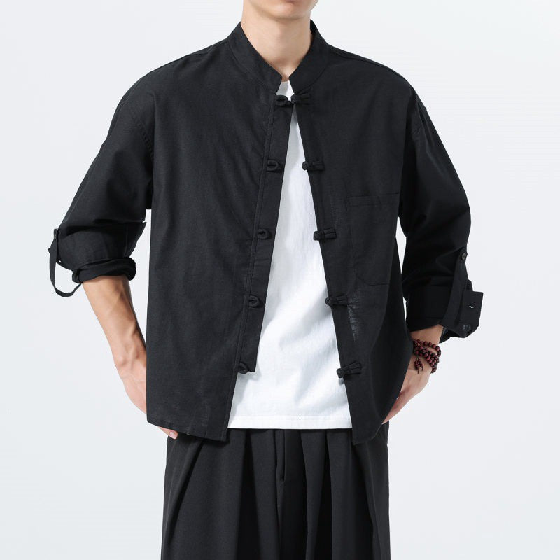 Buddha Stones Spring Fall Tang Style Minimalist Frog Button Mandarin Collar Solid Men's Long Sleeve Shirts With Pocket - image 10