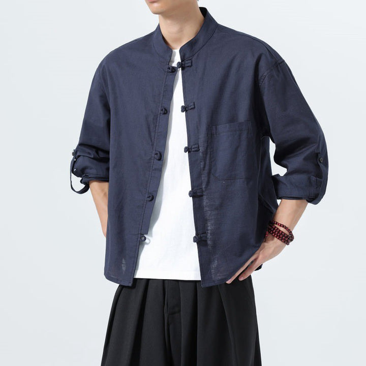 Buddha Stones Spring Fall Tang Style Minimalist Frog Button Mandarin Collar Solid Men's Long Sleeve Shirts With Pocket - image 3