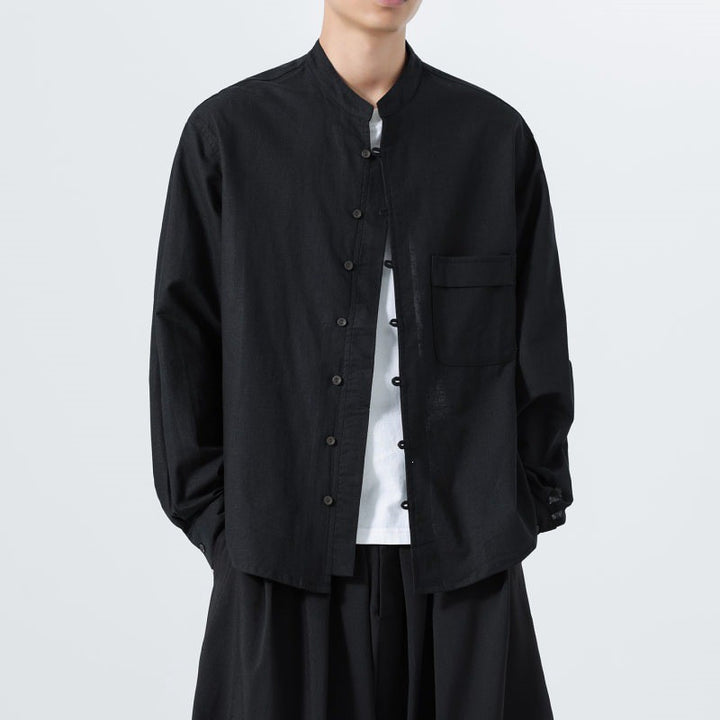 Buddha Stones Fall Minimalist Tang Style Mandarin Collar Patch Pocket Solid Men's Long Sleeve Shirts With Pocket - image 8