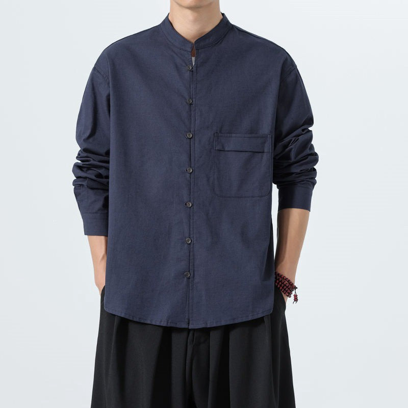 Buddha Stones Fall Minimalist Tang Style Mandarin Collar Patch Pocket Solid Men's Long Sleeve Shirts With Pocket - image 15