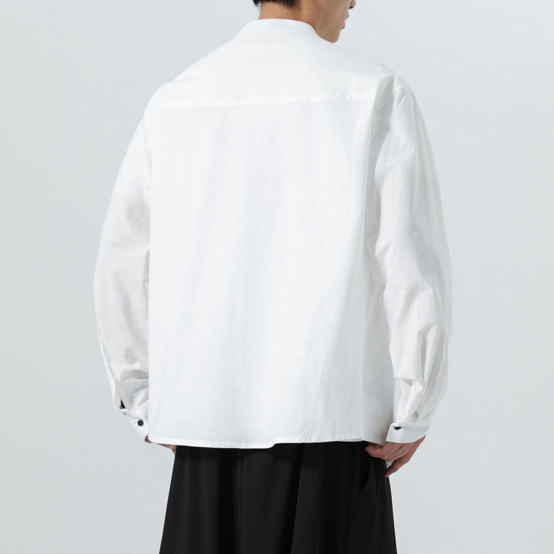 Buddha Stones Fall Minimalist Tang Style Mandarin Collar Patch Pocket Solid Men's Long Sleeve Shirts With Pocket - image 23