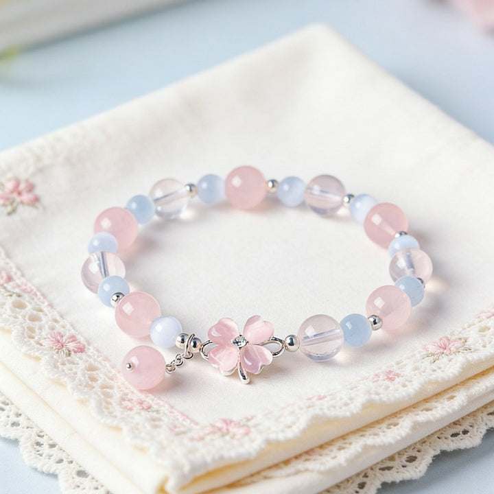 Buddha Stones Prehnite Rose Quartz Blue Chalcedony Lucky Clover Love Bracelet - image 12