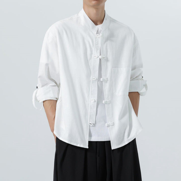 Buddha Stones Spring Fall Tang Style Minimalist Frog Button Mandarin Collar Solid Men's Long Sleeve Shirts With Pocket - image 23