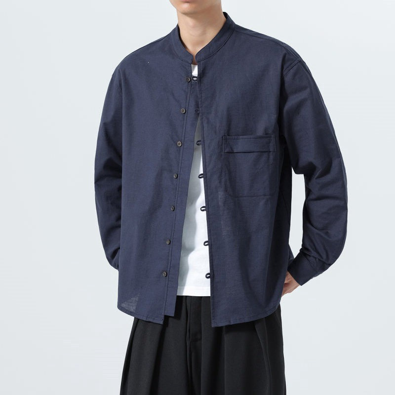 Buddha Stones Fall Minimalist Tang Style Mandarin Collar Patch Pocket Solid Men's Long Sleeve Shirts With Pocket - image 13